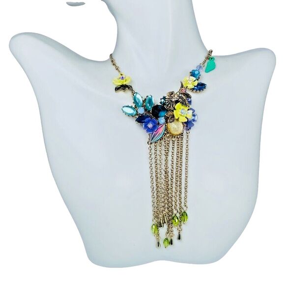 Betsey Johnson Hummingbird Flower Statement Necklace 29"  Tassel Spring Ahead - Picture 5 of 14